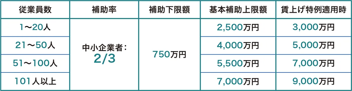グローバル枠の補助率および補助上限額の表
