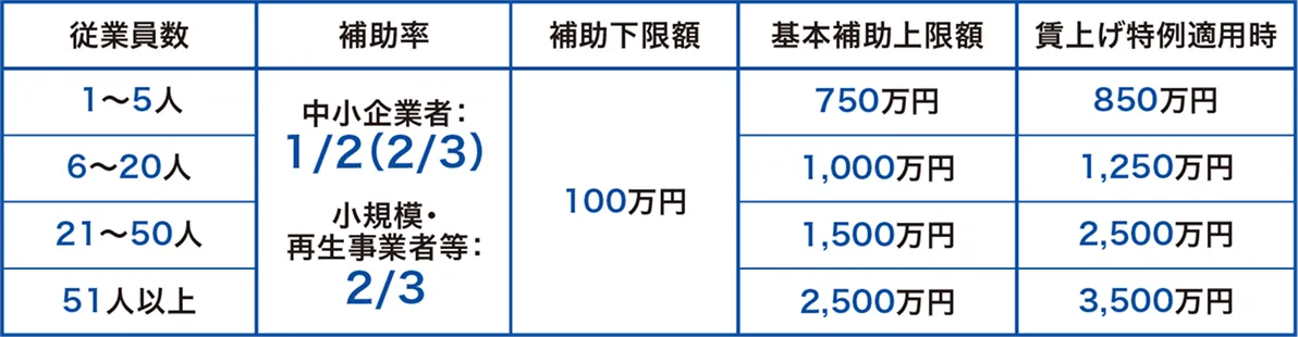 革新的新製品・サービス枠の補助率および補助上限額の表