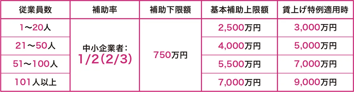 新事業進出枠の補助率および補助上限額の表